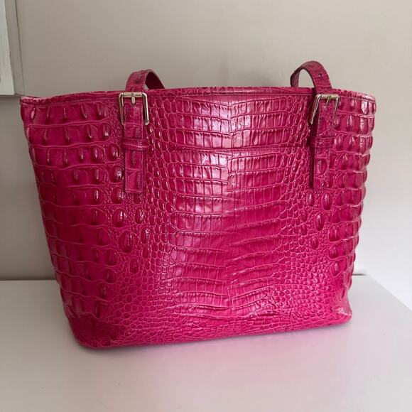 Brahmin Hot Pink Medium Asher Zip Top Tote Bag Embossed Leather Purse - Picture 11 of 16